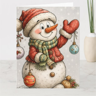 Fröhlicher Schneemann mit Weihnachtskugeln Card