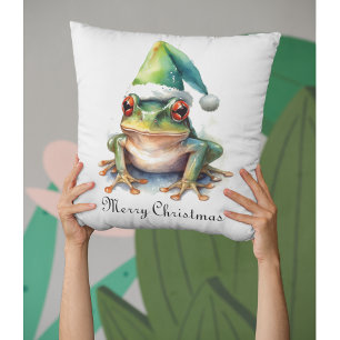 Frolic Christmas Frog, custom Throw Pillow