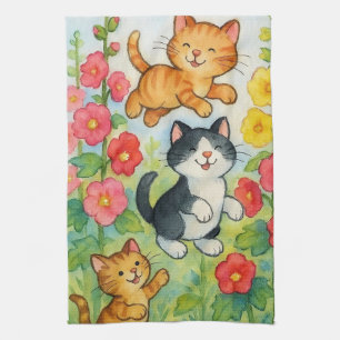 Frolicking Country Cats in Flower Garden Kitchen Towel