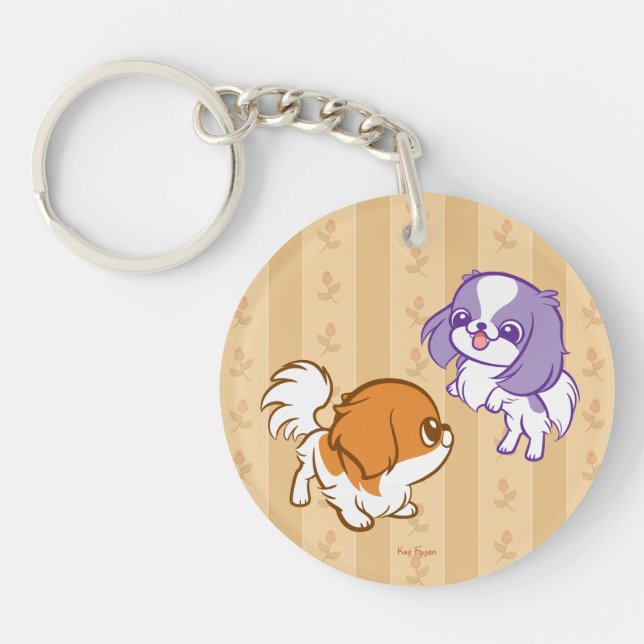 Frolicking Kawaii Puppies Japanese Chin Keychain (Front)