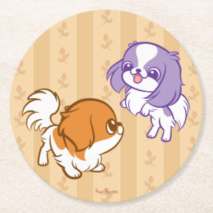 Frolicking Kawaii Puppies Japanese Chin Round Paper Coaster