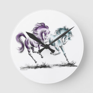 Frolicking Racing Wild Horses Round Clock