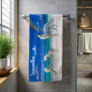 Frolicking Unicorn Foals on the Beach Personalized Towel
