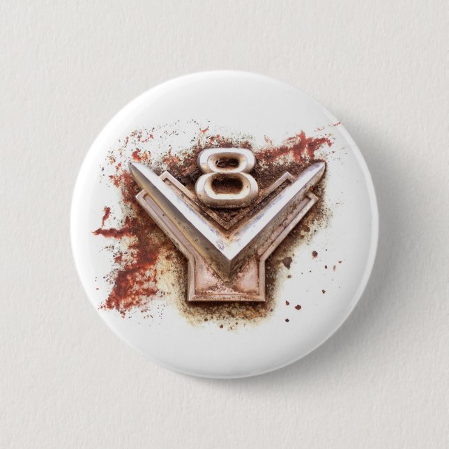 From classic car: Rusty old v8 emblem in chrome 2 Inch Round Button (Front)