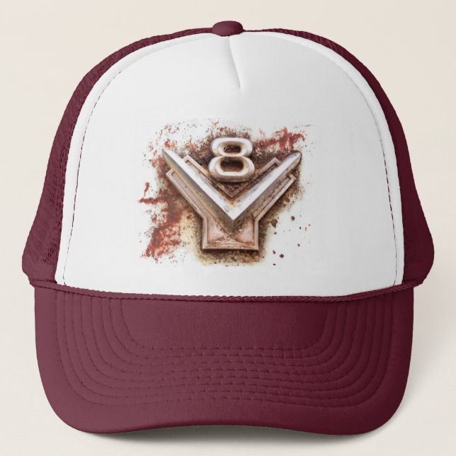 From classic car: Rusty old v8 emblem in chrome Trucker Hat (Front)