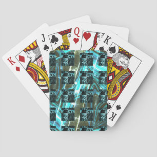 From distance, sees cyan fish scale, closely chess playing cards