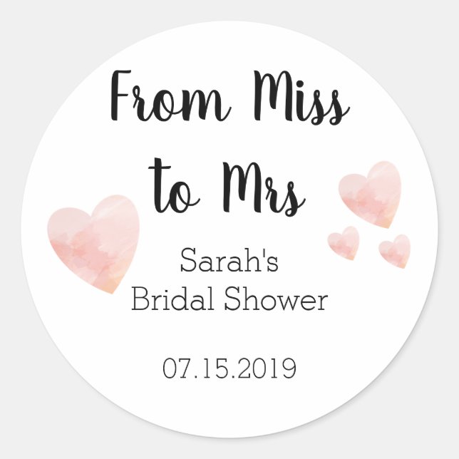 From Miss to Mrs Bridal Shower Pink Hearts Classic Round Sticker (Front)