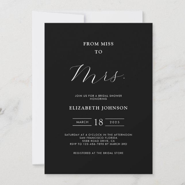 From Miss to Mrs. Minimal Black Bridal Shower Invitation (Front)