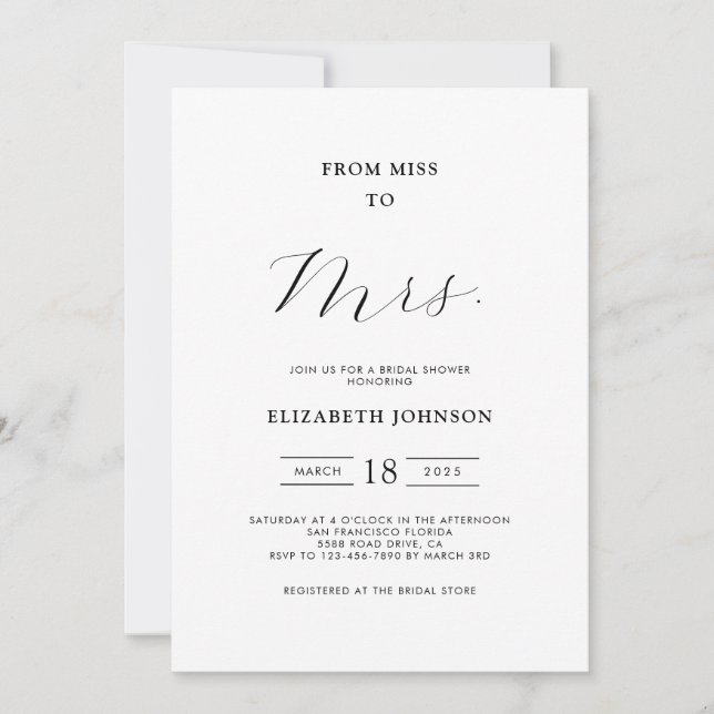 From Miss to Mrs. Minimal Bridal Shower Invitation (Front)