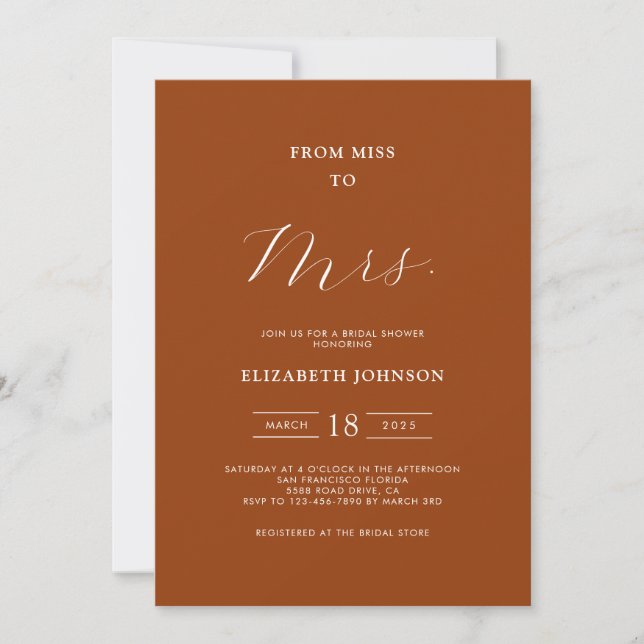 From Miss to Mrs. Minimal Terracotta Bridal Shower Invitation (Front)