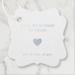 From My Shower To Yours Silver Foil Bridal Shower Favour Tags<br><div class="desc">Modern bridal shower favour tags with a simple design featuring the message, "From My Shower To Yours" with a heart and your name. All design elements are in real silver foil over a white background. These chic and contemporary tags are perfect for the minimalist bride and add a classy touch...</div>