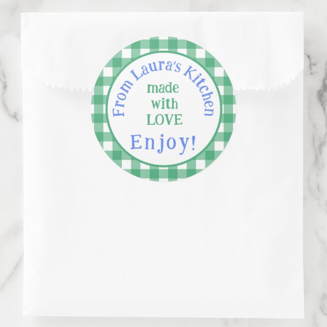 From NAME Kitchen with Love Green Check  Classic Round Sticker (Bag)
