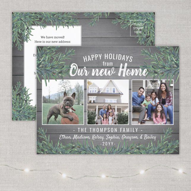 From New Home 3 Photo Christmas Greenery & Wood Holiday Postcard (Creator Uploaded)