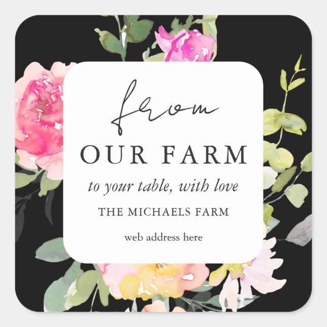 From Our Farm to You Floral Black Square Sticker (Front)