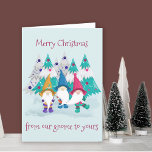 From our Gnome to Yours Cute Funny Merry Christmas Holiday Card<br><div class="desc">Funny holiday card with colourful gnome design and editable wording. The design features cute gnomes in a forest of decorated christmas trees with whimsical typography. The wording reads "merry christmas from our gnome to yours" and you can edit this as you wish. You can also edit the christmas greeting inside...</div>