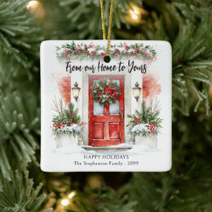 From Our Home To Yours Watercolor Red Door Ceramic Ornament
