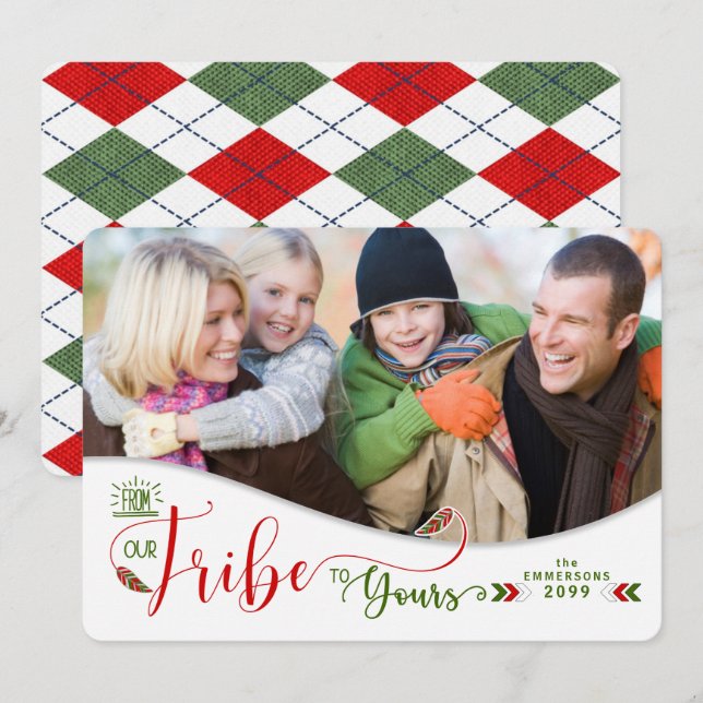 From Our Tribe to Yours Red and Green Photo Holiday Card (Front/Back)