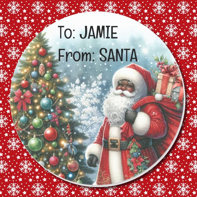 From Santa Add Name African American Christmas Classic Round Sticker (Creator Uploaded)