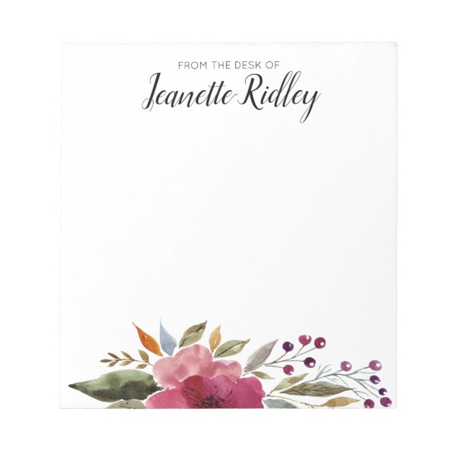 From The Desk Of Modern Burgund Watercolor Flowers Notepad (Front)