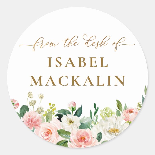 From The Desk Of Pale Blush Pink Floral Botanical Classic Round Sticker (Front)