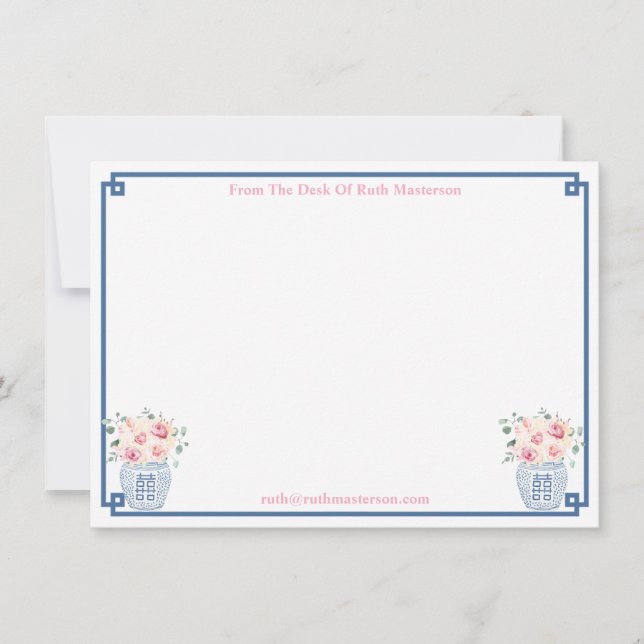 From The Desk Of Preppy Navy And Blush Roses Party Thank You Card (Front)