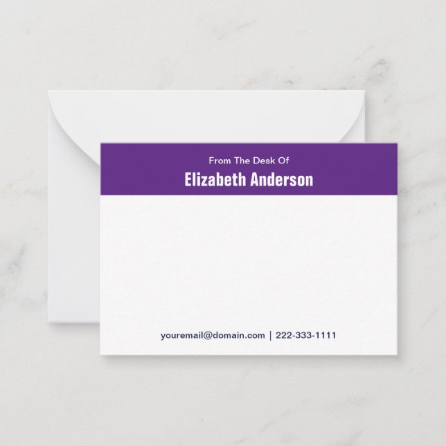 From the Desk of Purple and White Name Phone Email Card (Front)