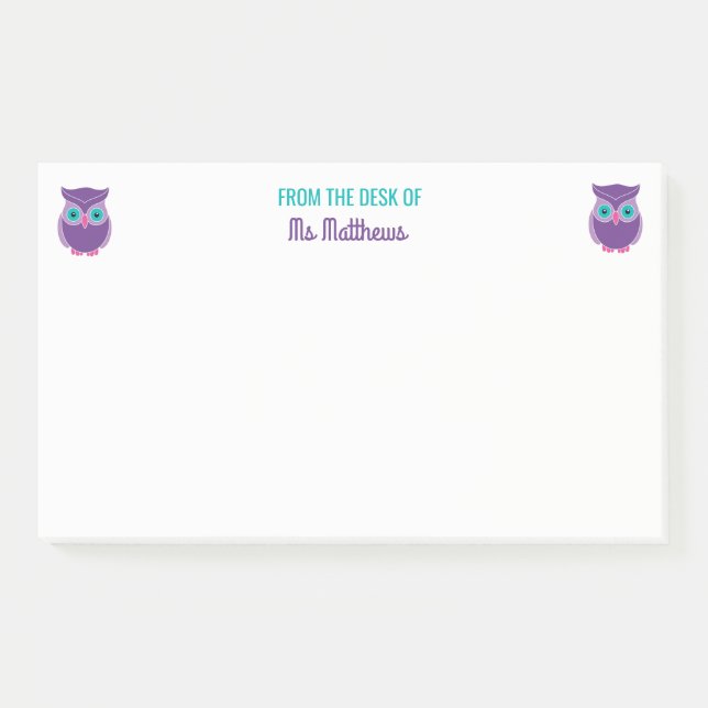 From The Desk Of Teacher Owl Personalized Purple Post-it Notes (Front)