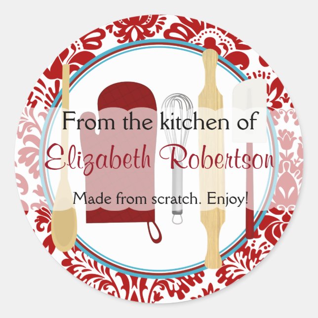 From The Kitchen Damask Aqua and Red Classic Round Sticker (Front)