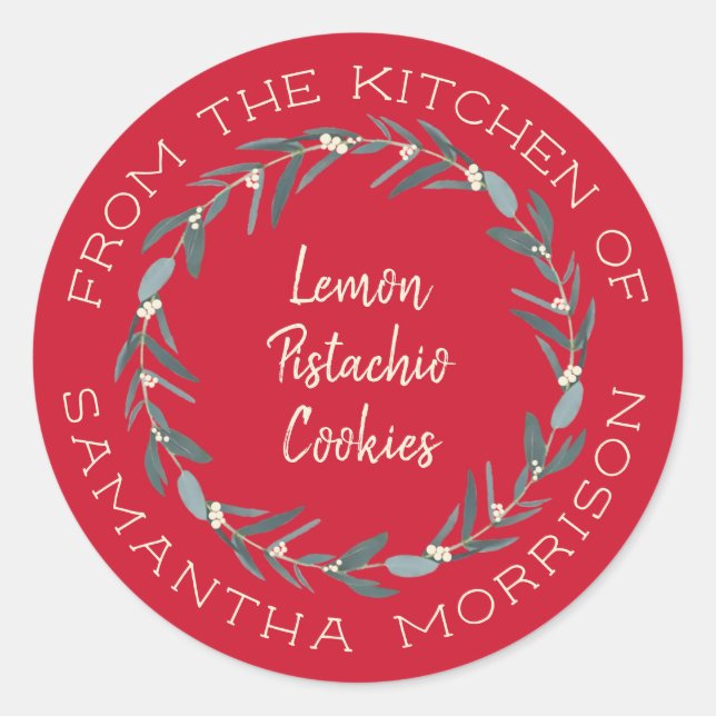 From The Kitchen Of | Eucalyptus Wreath on Red Classic Round Sticker (Front)