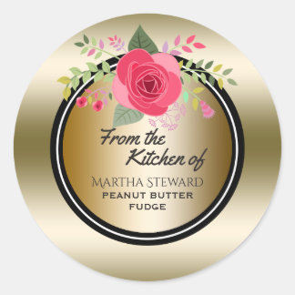 From the Kitchen of Name Elegant Gold Pink Floral Classic Round Sticker