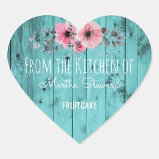From the Kitchen Of Name Teal Rustic Country Wood Heart Sticker