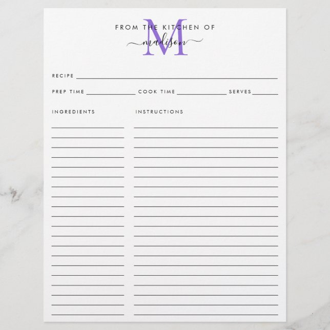 From the Kitchen of Purple Violet Monogram Recipe (Front)