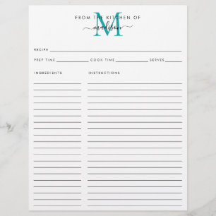 From the Kitchen of Teal Green Monogram Recipe