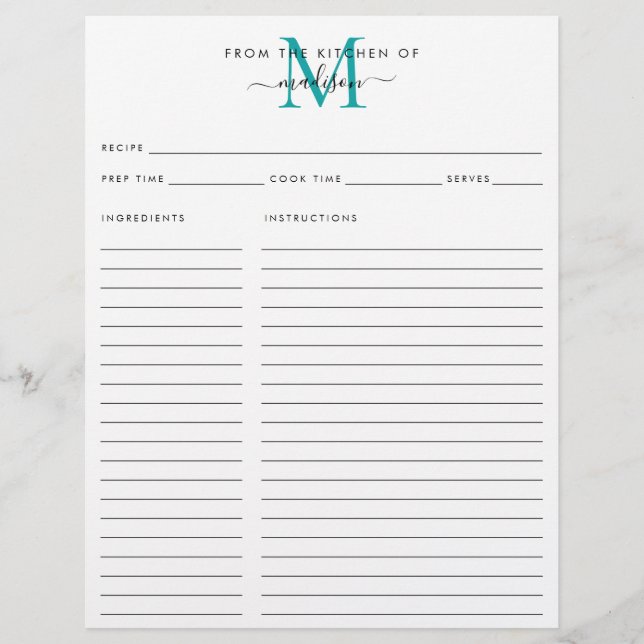From the Kitchen of Teal Green Monogram Recipe (Front)