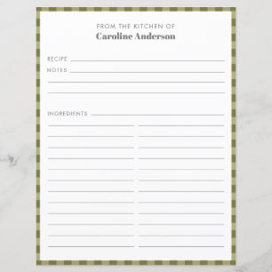 From The Kitchen Olive Green Plaid Recipe Insert