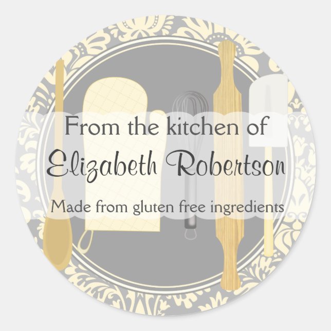 From The Kitchen Yellow Damask Classic Round Sticker (Front)