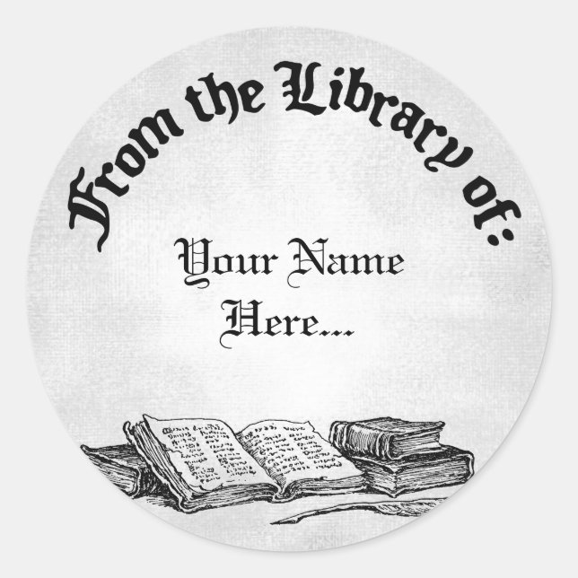 From the Library of Books Quill Custom Bookplate Classic Round Sticker (Front)