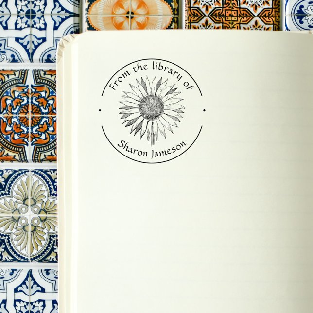 From the Library of/ Custom Name / Sunflower/ Self-inking Stamp (Elegant Round Sunflower From the Library of Custom Name Books Stamp)