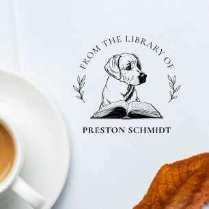 From the Library Of Dog with Book Elegant Leaves Rubber Stamp