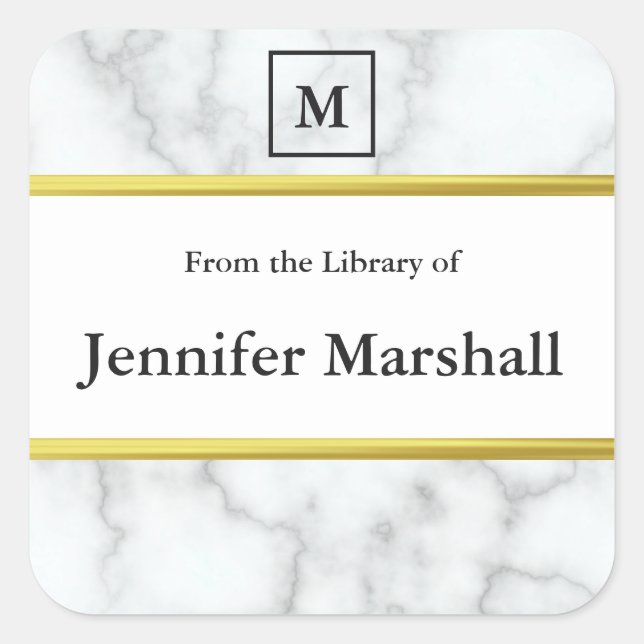 From the Library Of Faux White Marble Monogrammed Square Sticker (Front)