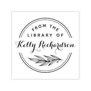 From The Library Of   Round Rustic Script & Branch Self-inking Stamp