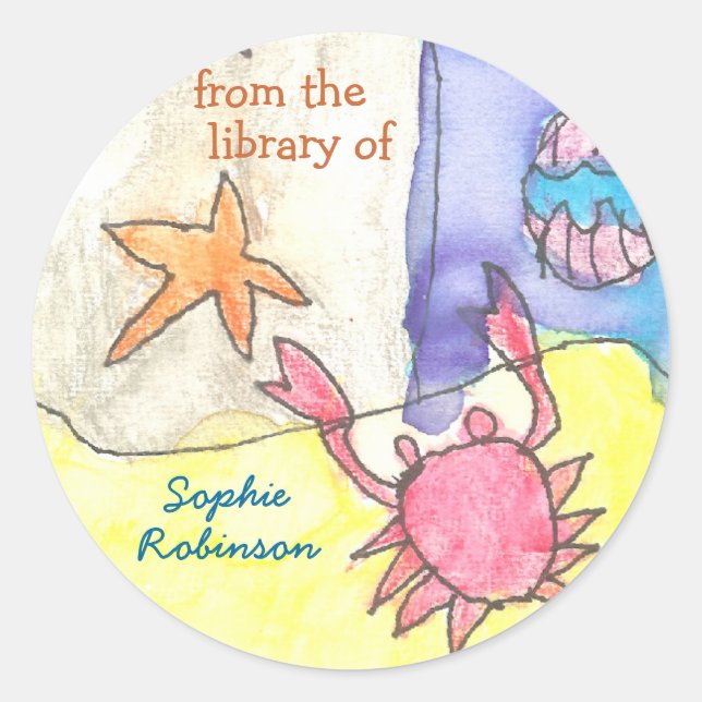 "From the library of" seascape bookplate Classic Round Sticker (Front)