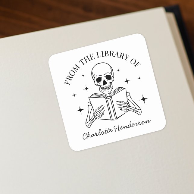 From The Library Of Skeleton Reading Bookplate  Square Sticker (Creator Uploaded)