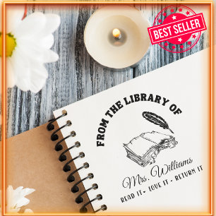 From The Library Of   Writing Quill Vintage Book  Self-inking Stamp