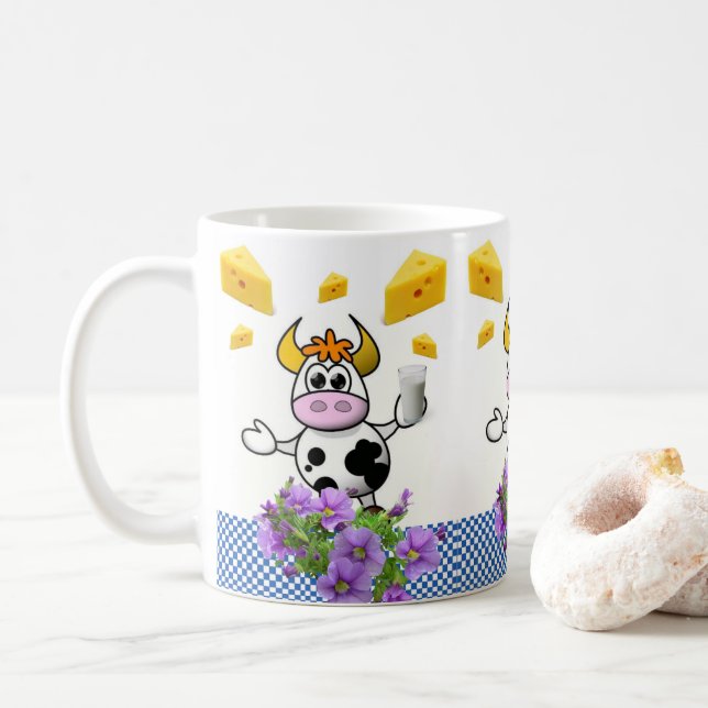 Fromage Plaid Bleu Vache Mug Floral (Avec donut)