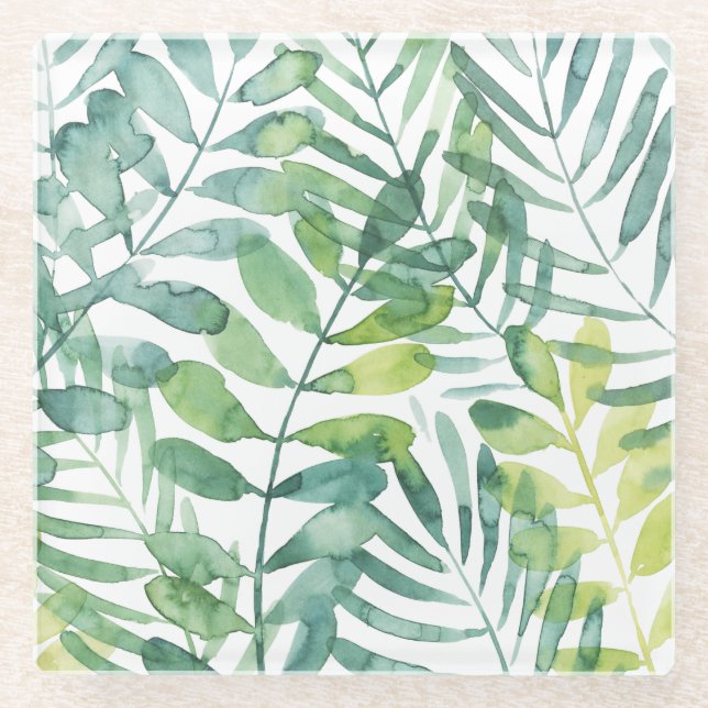 Frond Waltz - Palm Frond Leaves Glass Coaster (Front)