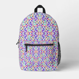 Front and back view of a backpack with a colourful