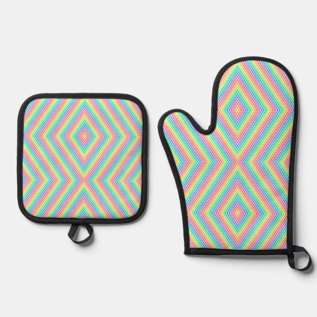 Front and back view of a pot holder set. oven mitt & pot holder set (Front)