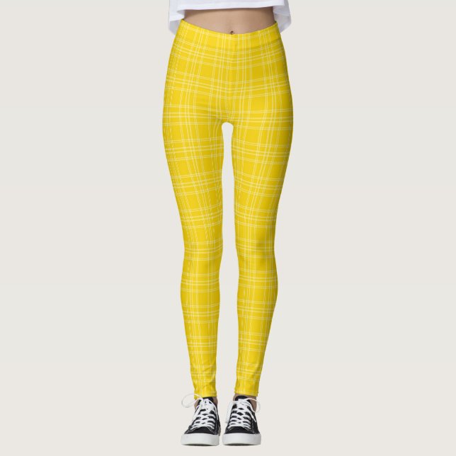 Front and back view of vibrant yellow checkered  leggings (Front)