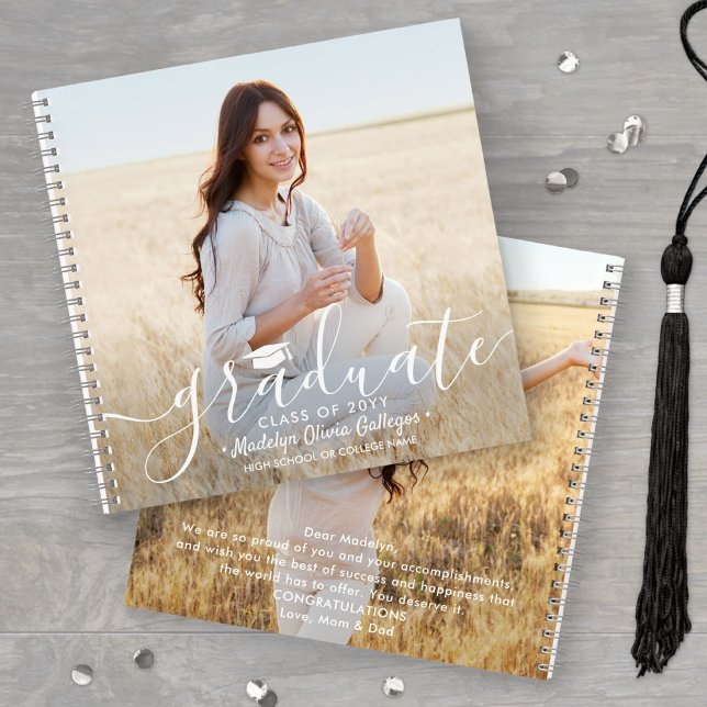 Front & Back Photos White Script Graduation Guest Notebook (Creator Uploaded)